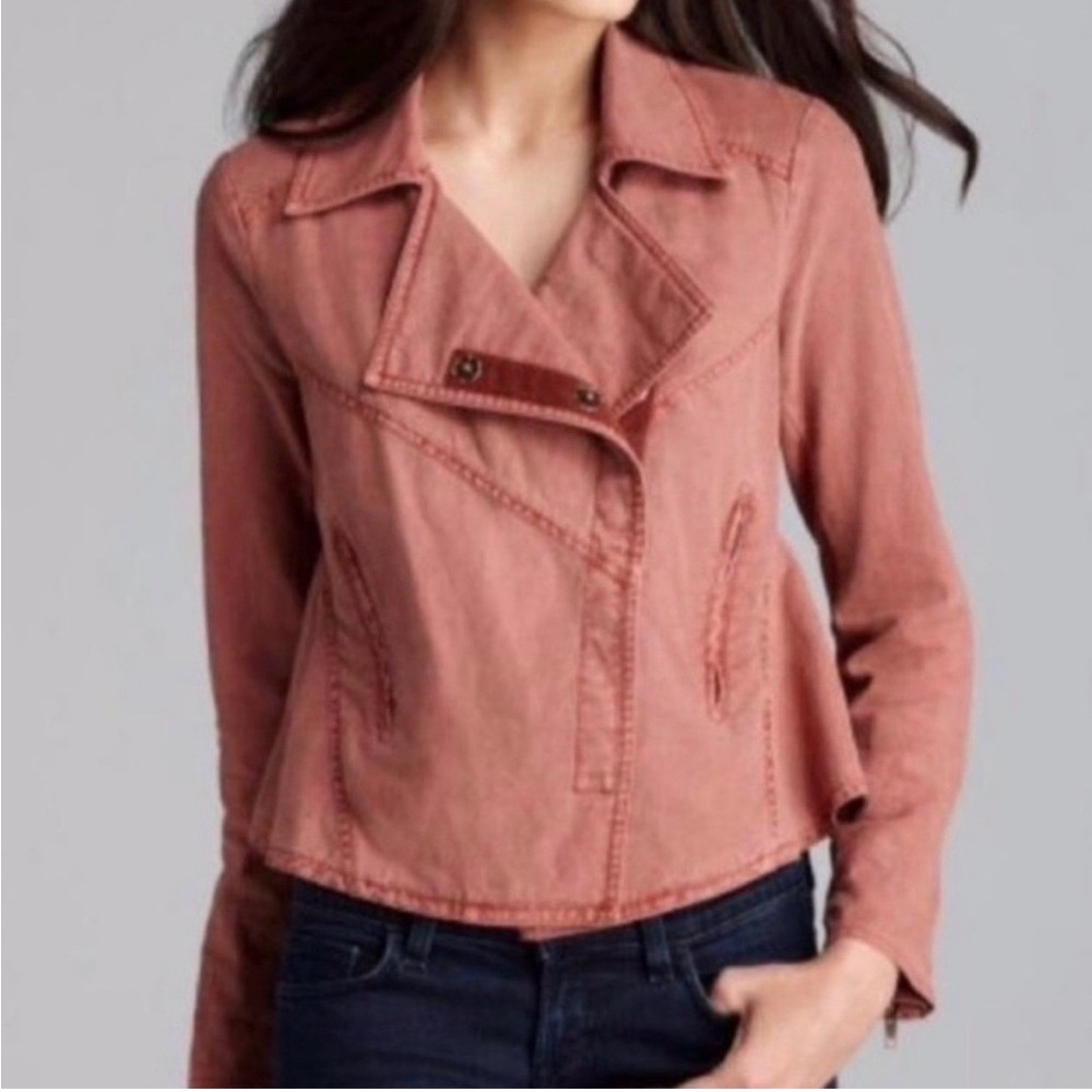Free People Washed Pink Asymmetrical Moto Linen Utility Jacket Size Small